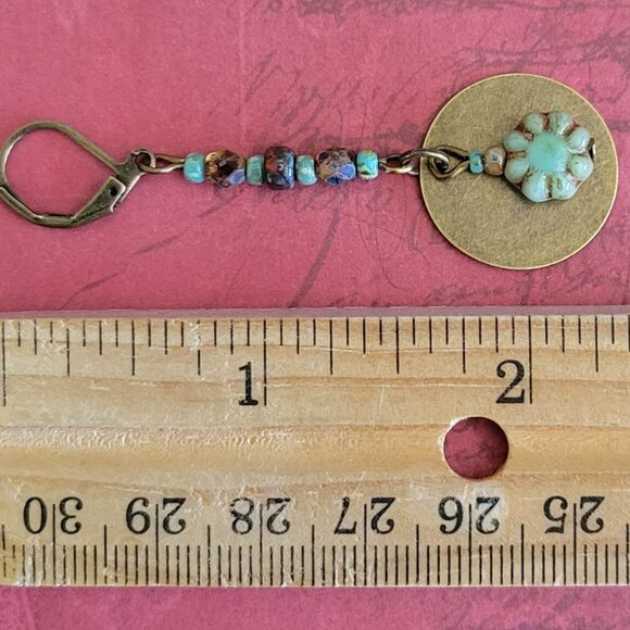 Czech CACTUS FLOWER Fire polish Picasso Bead Earrings Bronze Brass Lever Back - Picture 4 of 5